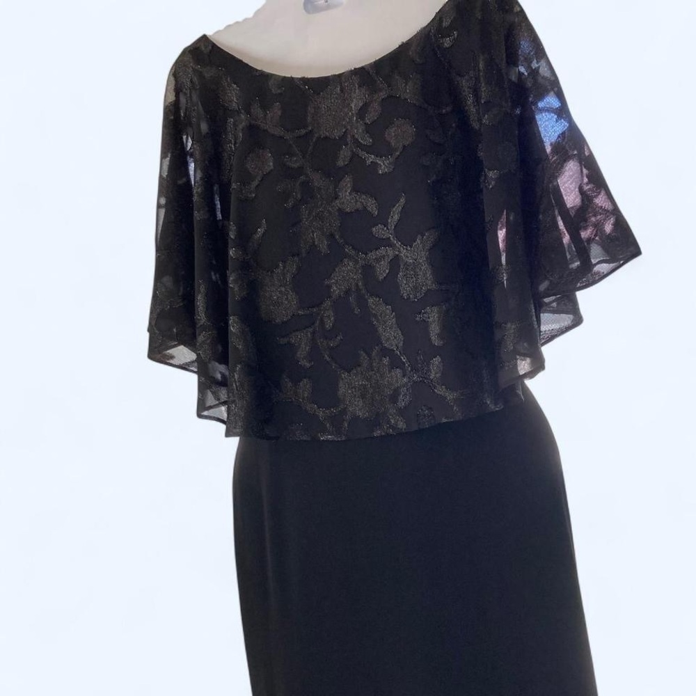 Connected Apparel Black Dress with floral sheer overlay and flutter sleeves
